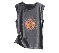 Lazzboy Women Tank Top Vest Sun and Moon Print Boho Solid O Neck Casual Loose Ladies Sleeveless Top Blouse (Blue, 10)