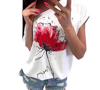 Lazzboy Women Tee T-Shirt Flower Print Short Sleeve Casual Floral Short Sleeve Loose Top Ladies Blouse(2XL(16),Red)
