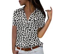 Lazzboy Women Tops Shirt Plus Size Floral/Leopard Print Long Sleeve/Short Sleeve Loose Button Ladies Blouse(4XL(20),Black Leopard-Short Sleeve)