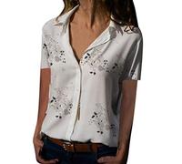 Lazzboy Women Tops Shirt Plus Size Floral/Leopard Print Long Sleeve/Short Sleeve Loose Button Ladies Blouse(XL(14),White-Short Sleeve)