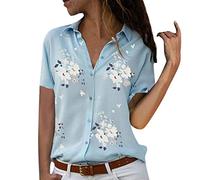 Lazzboy Women Tops Shirt Plus Size Floral/Leopard Print Long Sleeve/Short Sleeve Loose Button Ladies Blouse(5XL(22),Light Blue-Short Sleeve)