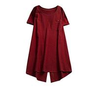 Lazzboy Women Tunic Lagenlook Solid Pocket Short Sleeve Top Plus Size UK 12-20 Shirt Dress Long Blouse Oversized(2XL(20),Wine)