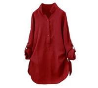 Lazzboy Womens Blouse Long Sleeve Cotton Solid Stand Collar Loose Oversized Button Shirt Tunic Tops (4XL(20), Red)