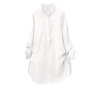 Lazzboy Womens Blouse Long Sleeve Cotton Solid Stand Collar Loose Oversized Button Shirt Tunic Tops(XL(14),White)