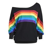 Lazzboy Womens Blouse Sweatshirt Long Sleeve Rainbow Print Off Shoulder Shirt Pullover(XL(14),Black)