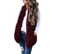 Lazzboy Womens Coat Jacket Gilet Warm Faux Fur Fluffy Solid Dual Pocket Sleeveless Ladies Outerwear Vest Waistcoat(L,Red)
