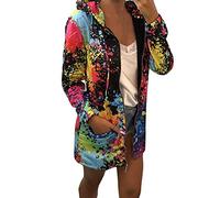Lazzboy Womens Jacket Coat Sweatshirt Hoodie Tie-Dyed Colourful Print Zipper Pocket Loose Outerwear Hooded Overcoat(M,Black)
