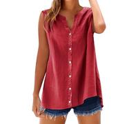 Lazzboy Womens Sleeveless Blouses Loose Fitting V Neck Tank Tops Summer Shirts Linen Blend Top - Breathable Camisole For Summer, Casual Vest Beach Holiday Uk Sizes S-5XL (Red,3XL)