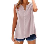 Lazzboy Womens Sleeveless Blouses Loose Fitting V Neck Tank Tops Summer Shirts Linen Blend Top - Breathable Camisole For Summer, Casual Vest Beach Holiday Uk Sizes S-5XL (Pink,XXL)