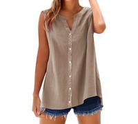 Lazzboy Womens Sleeveless Blouses Loose Fitting V Neck Tank Tops Summer Shirts Linen Blend Top - Breathable Camisole For Summer, Casual Vest Beach Holiday Uk Sizes S-5XL (Brown,4XL)