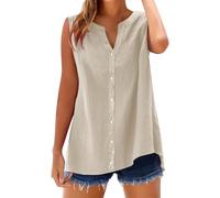 Lazzboy Womens Sleeveless Blouses Loose Fitting V Neck Tank Tops Summer Shirts Linen Blend Top - Breathable Camisole For Summer, Casual Vest Beach Holiday Uk Sizes S-5XL (Khaki,XXL)