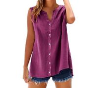 Lazzboy Womens Sleeveless Blouses Loose Fitting V Neck Tank Tops Summer Shirts Linen Blend Top - Breathable Camisole For Summer, Casual Vest Beach Holiday Uk Sizes S-5XL (Hot Pink,L)