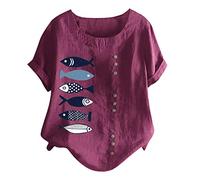 Lazzboy Women's T-Shirt Loose Dandelion Print/Plain Short Sleeve Buttons Décor
