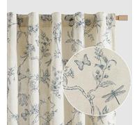 Lazzzy Blue Floral Linen Farmhouse Curtains 96 Inches Long Back Tab Drapes for Living Room Bedroom Light Filtering Country Vintage Rod Pocket Curtains,2 Panels, Blue on Beige