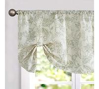 Lazzzy Green Floral Tie Up Valance Curtain Linen Farmhouse Valance for Kitchen Living Room Bedroom Country Valances Window Treatments Small Cafe Curtian 20 Inch Rod Pocket 1 Panel, Green on Beige
