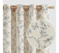 Lazzzy Linen Blue Floral Farmhouse Curtains 96 Inches Long Drapes for Living Room Bedroom Pattern Light Filtering Country Vintage Curtain Grommet Top, 2 Panels, Blue on Beige