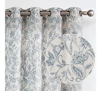 Lazzzy Linen Farmhouse Curtains for Living Room 84 Inch Length Semi Floral Print Window Curtain Drapes for Bedroom Country Light Filtering Curtain Grommet Top 2 Panels Blue on Beige