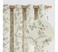Lazzzy Linen Floral Farmhouse Curtains Green Curtains 90 Inch Length Drapes for Living Room Bedroom Pattern Light Filtering Country Vintage Curtain Grommet Top, 2 Panels, Green on Beige