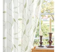 Lazzzy Sheer Curtains Embroidered Floral Leaf Voile Drapes for Bedroom Living Room Back Tabs Window Treatments 2 Panels 84 Inches Green on White