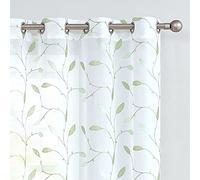 Lazzzy Sheer Curtains Embroidered Floral Leaf Voile Drapes for Bedroom Living Room Grommet Top Window Treatments 2 Panels 84 Inches Green on White