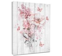 LB Aesthetic Floral Wall Art Pink Flower with Butterfly Canvas Wall Art for Bathroom Rustic Plant Wood Framed Painting Prints Wall Decor for Living Room Bedroom Dorm,12Wx16L inches