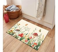 LB Aesthetic Mushroom Kitchen Rug Green Plants with Yellow Flower Washable Non Slip Mat for Front Door Entrance Nature Scenery on Beige Small Rubber Backed Floor Mats,60x40cm