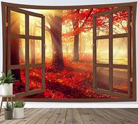 LB Autumn Forest Tapestry Red Trees with Sunshine Tapestry Wall Hanging Sunset Nature Scenery out of Window Tapestries for Living Room Bedroom Dorm Wall Decor,78x59 inch