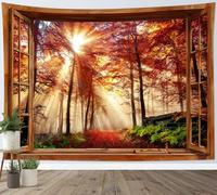LB Autumn Forest Tapestry Sunshine Through Trees Nature Scenery Brown Window Tapestry Wall Hanging Red Leaves Green Plant Tapestries for Living Room Bedroom Dorm Wall Decor,59x39 inch