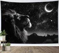 LB Black and White Lion Tapestry Bright Moon Stars in Sky Tapestry Wall Hanging Mountain Landscape Tapestries for Living Room Bedroom Dorm Wall Decor,59x51 inch