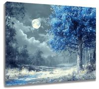 LB Blue Flower Tree Wall Art Grey Forest Nature Landscape Canvas Wall Art for Living Room Moon in Gray Sky Poster Paint Wall Art Decor for Bathroom Kitchen Bedroom,20Wx16H inch Wooden Framed