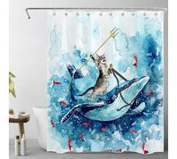 LB Blue Whale Shower Curtain Funny Cat,Watercolor Polyester Anti Mould Waterproof Bathroom Curtains with Hooks,59x71 inches