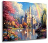 LB Castle Wall Art Pink Flower Tree by River Canvas Wall Art for Living Room Rianbow in Blue Sky Poster Paint Wall Art Decor for Bathroom Kitchen Bedroom,20Wx16H inch Wooden Framed