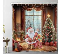 LB Christmas Shower Curtain Santa Claus Xmas Tree Fireplace Shower Curtains for Bathroom Winter Snow Forest Polyester Anti Mould Waterproof Extra Wide Bath Curtain Set with Hooks,69Lx94W inches