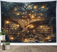 LB Enchanted Bookshelf Tapestry Big Tree in Vintage Library Tapestry Wall Hanging Witchy Magical Books Tapestries for Living Room Bedroom Dorm Wall Decor,92x70 inch