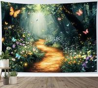 LB Fairy Tale Forest Tapestry Flower Butterfly Tree Green Plants Tapestry Wall Hanging Nature Garden Landscape Tapestries for Living Room Bedroom Dorm Wall Decor,59x39 inch