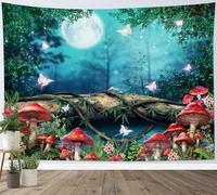 LB Fairytale Forest Tapestry Green Tree Red Mushroom Butterfly by River Tapestry Wall Hanging Blue Moon Night Scenery Tapestries for Living Room Bedroom Dorm Wall Decor,92x70 inch