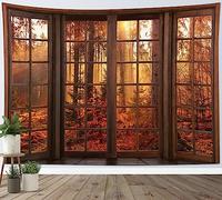 LB Fall Forest Tapestry Sunshine Through Autumn Trees out of Brown Window Tapestry Wall Hanging Nature Scenery Tapestries for Living Room Bedroom Dorm Wall Decor,78x59 inch