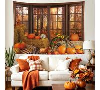 LB Fall Window Tapestry Wall Hanging Thanksgiving Autumn Nature Scenery Harvest Pumpkin Wall Tapestry for Bedroom Fall Maple Leaf Forest Wall Art for Living Room College Dorm Decor,60Wx40L inch