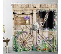 LB Farmhouse Donkey Shower Curtain Green Cactus Purple Floral Shower Curtains for Bathroom Rustic Barn Door Polyester Anti Mould Waterproof Extra Wide Bath Curtain Set with Hooks,94x69 inches