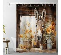 LB Farmhouse Donkey Shower Curtain Yellow Flower on Wood Window Shower Curtains for Bathroom Rustic Animal Polyester Anti Mould Waterproof Short Stall Curtain Set with Hooks,68Lx47W inches