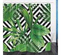LB Green Leaf Shower Curtain Black and White Striped Shower Curtains Tropical Palm Leaves Bath Curtain Anti Mould Waterproof Polyester Shower Curtain Set with Hooks,71x71 inches