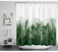 LB Green Marble Shower Curtain Abstract Mountain Leaf Bath Curtain Gold Line Textured Luxury Polyester Anti Mould Waterproof Bathroom Curtains with Hooks,71x71 inches