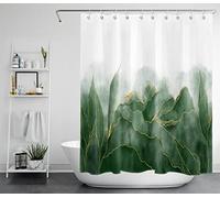 LB Green Marble Shower Curtain Abstract Mountain Leaf Bath Curtain Gold Line Textured Luxury Polyester Anti Mould Waterproof Small Bathroom Curtains with Hooks,59x71 inches