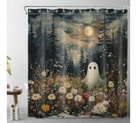 LB Halloween Shower Curtain Cute Ghost in Flower Shower Curtains for Bathroom Black Trees in Spooky Forest Polyester Anti Mould Waterproof Extra Long Bath Curtain Set with Hooks,78Lx71W inches