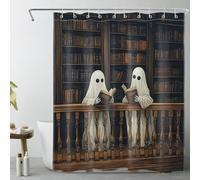 LB Halloween Shower Curtain Ghosts Reading Book Shower Curtains for Bathroom Spooky Vintage Library Polyester Anti Mould Waterproof Short Stall Curtain Set with Hooks,68Lx47W inches