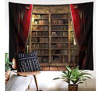 LB Halloween Tapestry Vintage Bookshelf Tapestry Wall Hanging Magical Books,Red Curtain,Wood Floor,Witch Castle Tapestries for Living Room Bedroom Dorm Wall Decor,92x70 inch