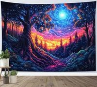 LB Magical Forest Tapestry Trees Plants under Galaxy Tapestry Wall Hanging Stars Clouds in Blue and Orange Sky Tapestries for Living Room Bedroom Dorm Wall Decor,78x59 inch