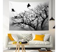 LB Misty Forest Halloween Tapestry Wall Hanging Black Bird Crow on Dead Tree Wall Tapestry for Bedroom Aesthetic Grey and White Tapestry for Living Room College Dorm Decor,60Wx40H inch