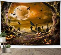 LB Orange Halloween Tapestry Black Crow Bat Horror Pumpkin in Forest Tapestry Wall Hanging Ghost Moon Night Tapestries for Living Room Bedroom Dorm Wall Decor,92x70 inch