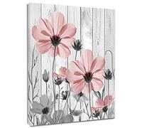 LB Pink Flower Wall Art Grey Plants on Wood Plank Canvas Prints for Bedroom Farmhouse Floral Vertical Painting Poster for Living Room Bathroom Wall Decor,12x16 inch without Frame